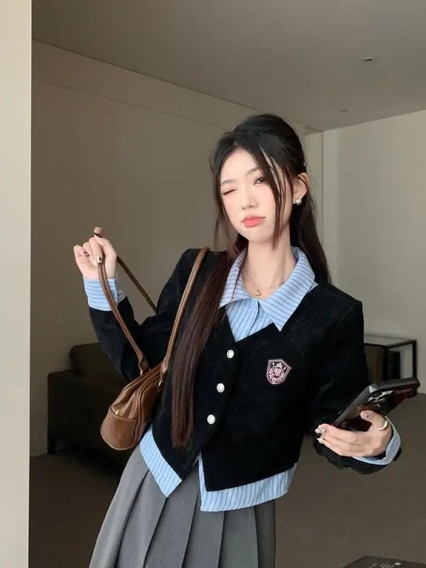 

Korean College Style Fake Two-Piece Neck Knitted Shirt Women's Autumn Fashion Sensation -Piece Design Slim Fit Long ...