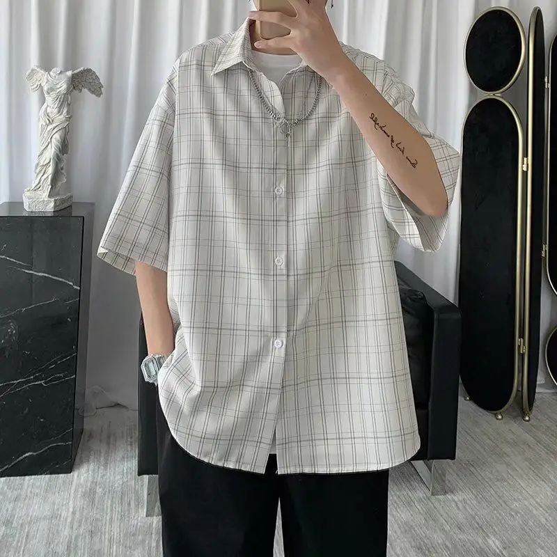 Korean Style Loose and Versatile Plaid Five-point Sleeve Shirt