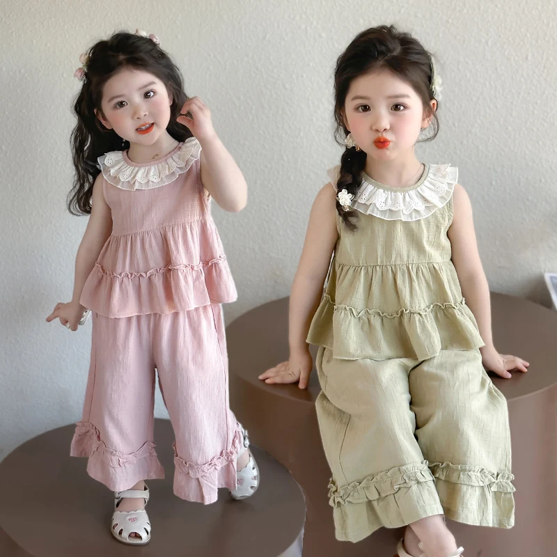 

2025 Summer New Girls Sleeveless Top And Cropped Cants Sets Kids Solid Sasual Two-piece set Children Clothes Set