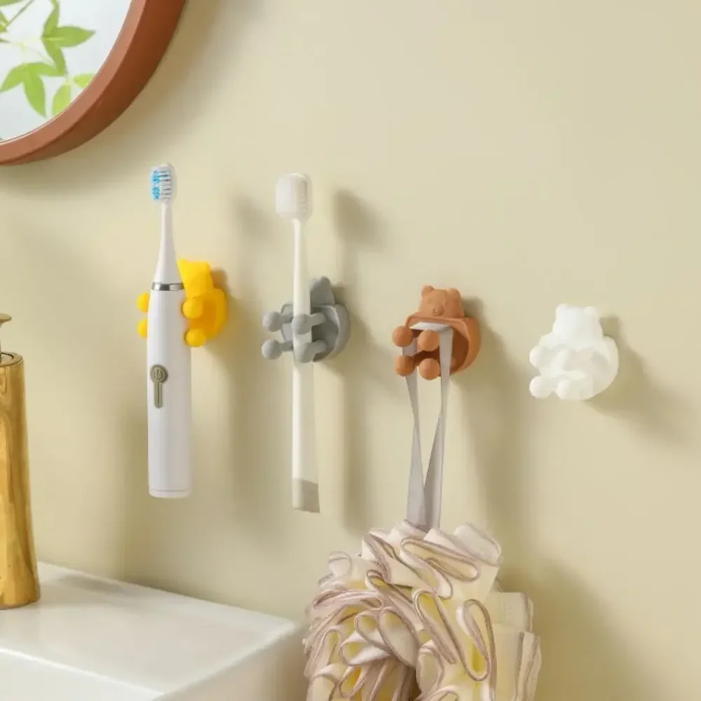 Cute Self Adhesive Toothbrush Holder Wall Mounted Storage Rack Razor Holder Teddy Bear Shape Silicone Shower Hanging Towel Hook