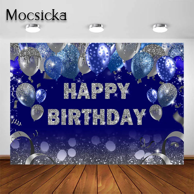 Mocsicka Happy Birthday Backdrop Blue  Purple Sliver Balloons Party Decorations Women Photography Background Cake Table Banners