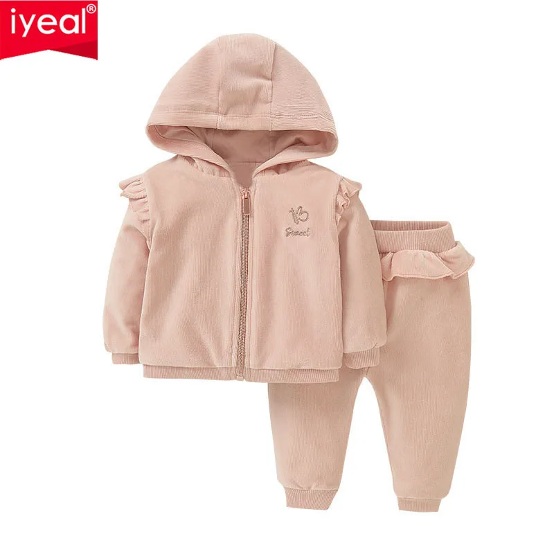 

IYEAL детский осенний новый комплект свитшотов с капюшоном в европейском и американском стиле, повседневная уличная одежда для маленьких девочек, толстая куртка на молнии + штаны