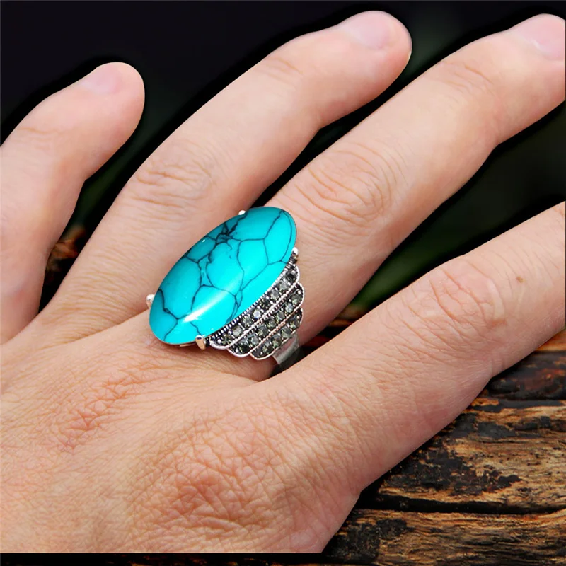 Vintage Eye Shape Syntetic Turquoises Rings For Women Real Antique Silver Plated 5 Colors Fashion Rhinestone Ring