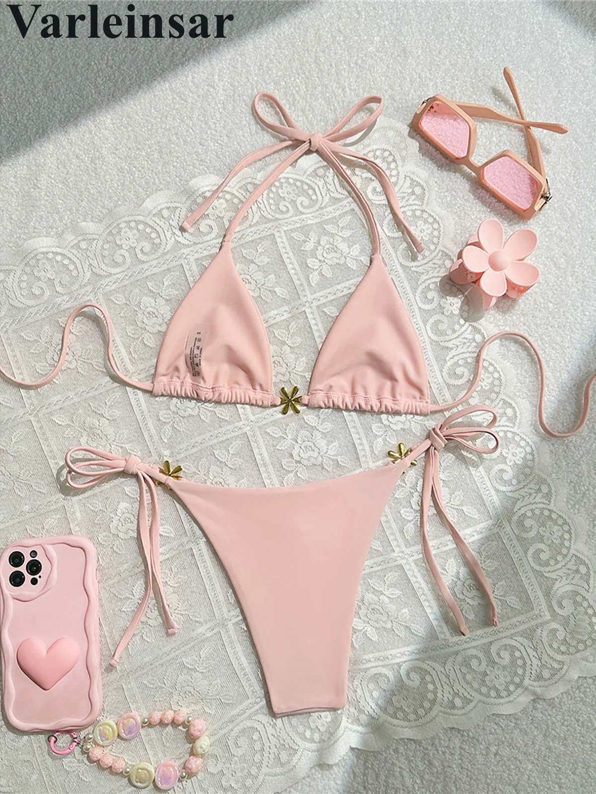 S - XL Metal Flower Halter Strappy Bikini Female Swimsuit Women Swimwear Two-pieces Bikini set Bather Bathing Suit Swim V6504