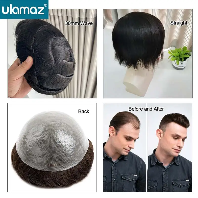 0.1-0.12mm Knotted Microskin Male Hair Prosthesis Double Knots Toupee Hair Men 130% Density Hair System Wig Man 6" Human Hair