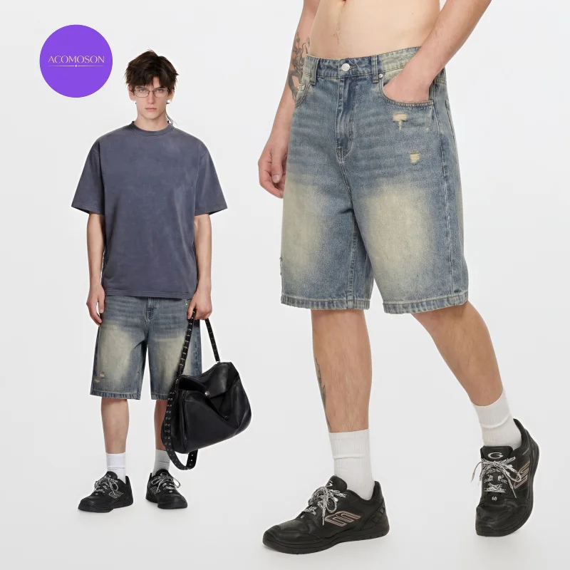 ACOMOSO Luxury Quality EU US Size Jean Shorts Men 385g Street Casual Retro Loose Frayed Ripped Denim Straight Shorts