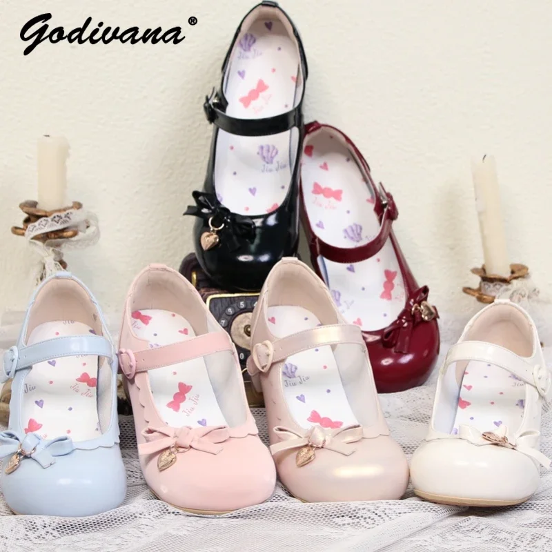 Lolita Style Original Mid Heel Round Head Doll Pumps Sweet Cute Women\'s Macaron Leather Shoes Mid Heels Students