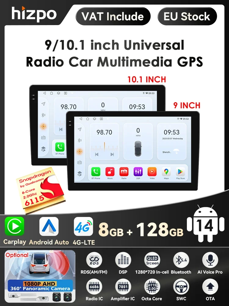 Hizpo 9" Zoll Android 14 Double 2 DIN Autoradio Stereo Multimedia Player GPS Navi Wifi EU-Karten USB DVR Kamera-AHD Carplay Audio