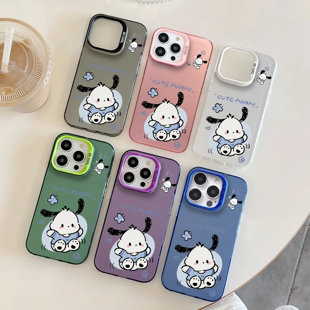 MINISO Cute P-Pochacco Phone Case For iphone11 12 13 14 15 16 Pro Max Plus fashion laser colorful silver IMD cover