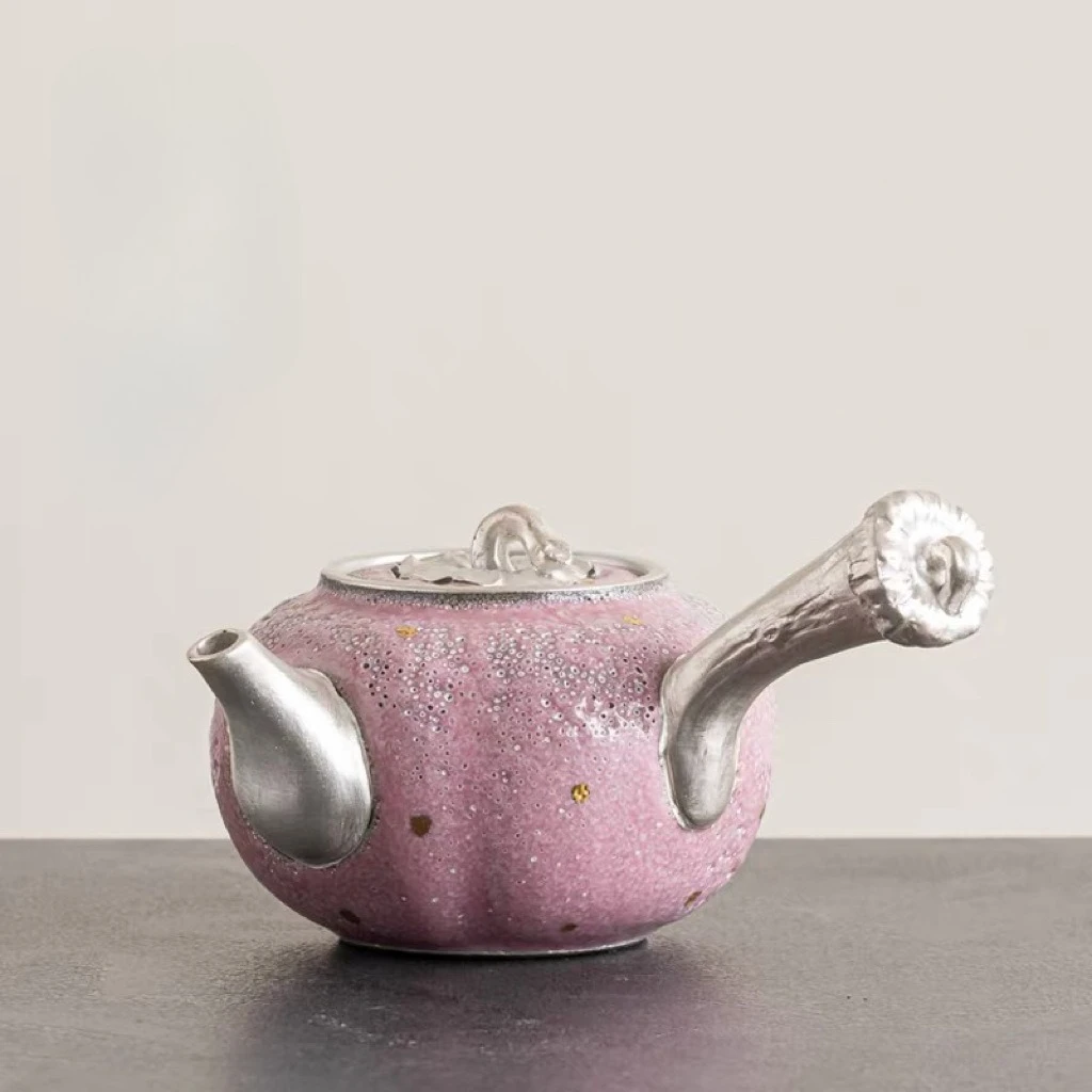 Handmade Ceramic Side Handle Teapot Silver Trim Filter Design Household Brewing Single Pot