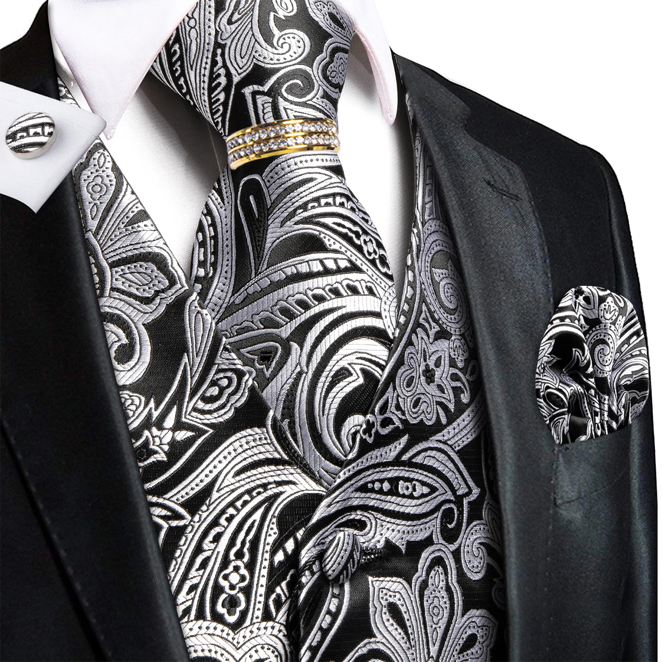 Conjunto de 5 piezas de chaleco con cuello en V y estampado Paisley en blanco y negro, corbata, pañuelo de bolsillo, gemelos y anillo para fiestas de graduación y reuniones.