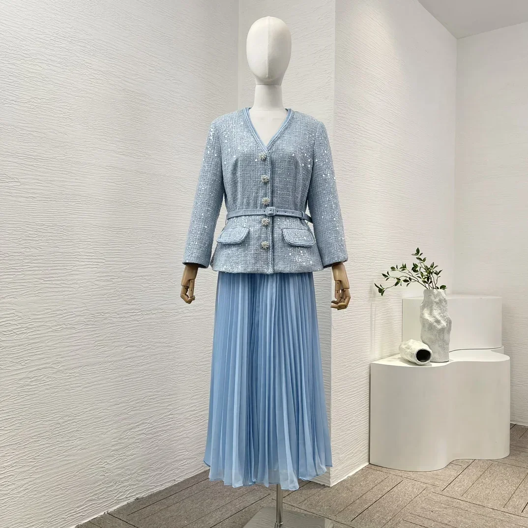 

Spring Summer 2024 New High Quality Blue Bead Embellish Tweed Bubble Long Sleeve Belted Women Pleats Midi Dress