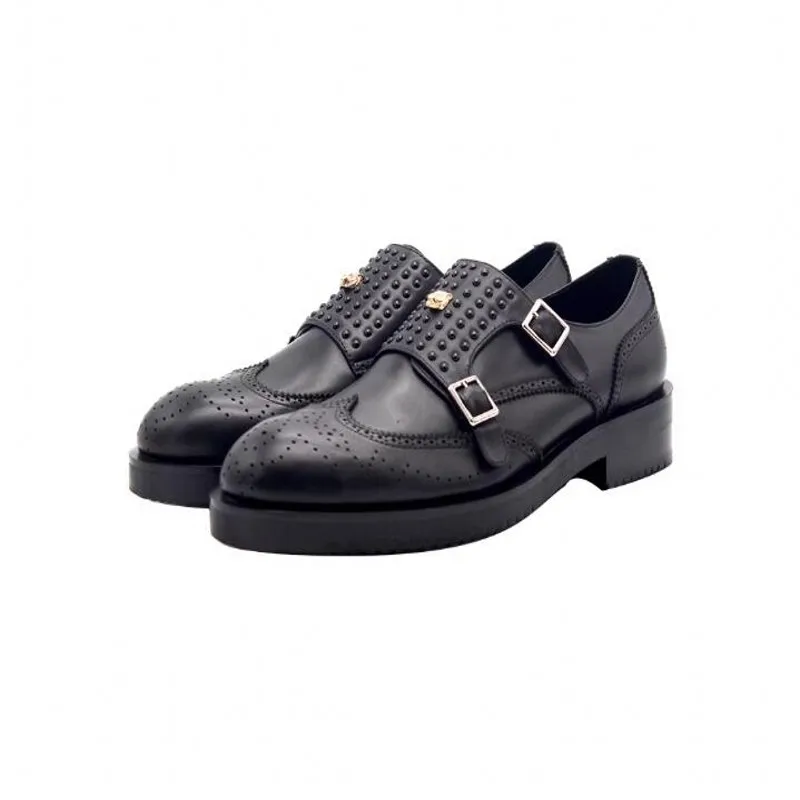 Handmade Monk Strap Rivets Black Formal Suit Dress Shoes Male Oxfords Top Quality Cow leather Men Business Shoe