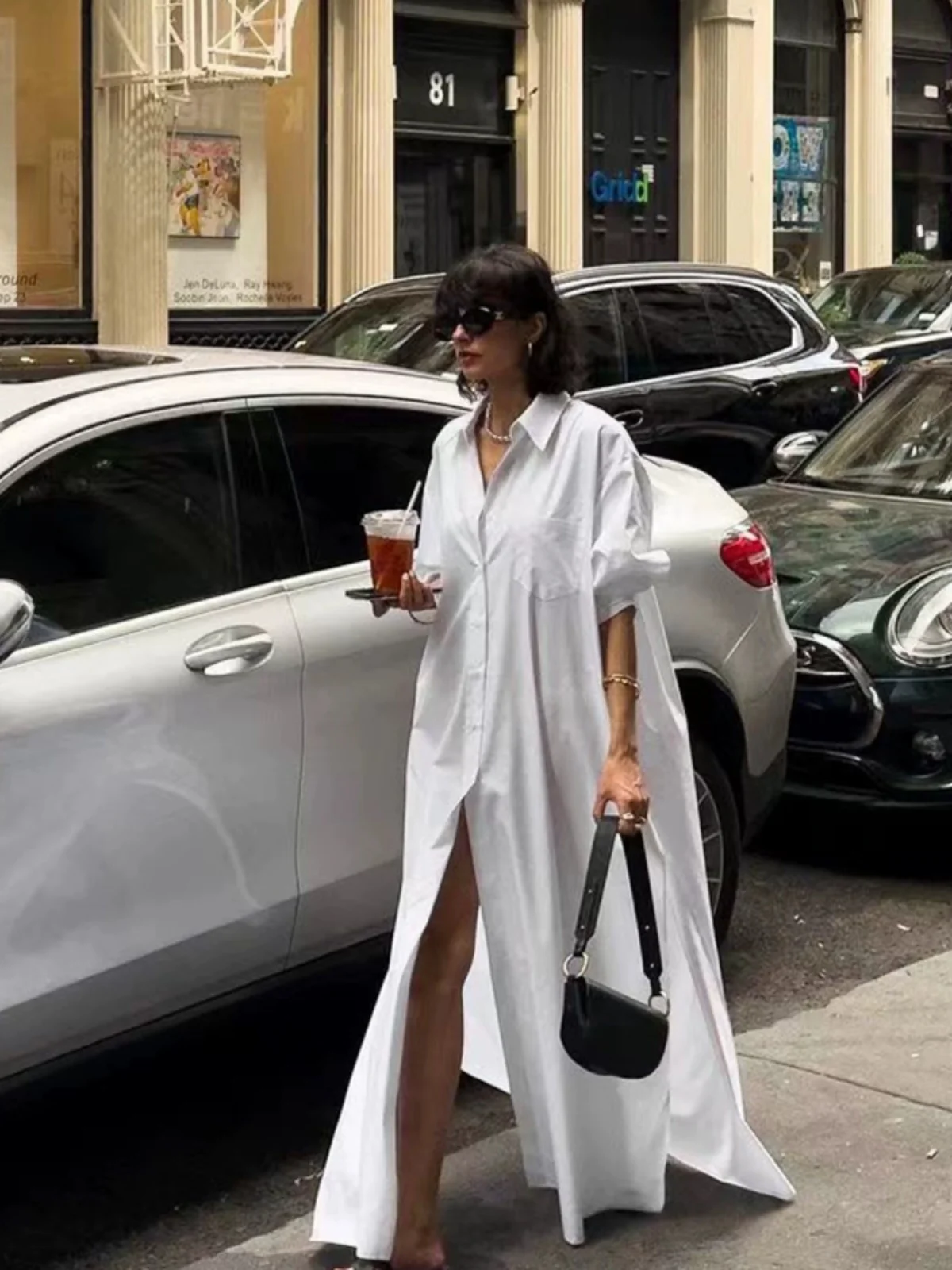 

Elegant Long Sleeve Loose Women's Shirt Dress White Drifting Ankle Length Fashion Design Casual Commute Style Button Detail
