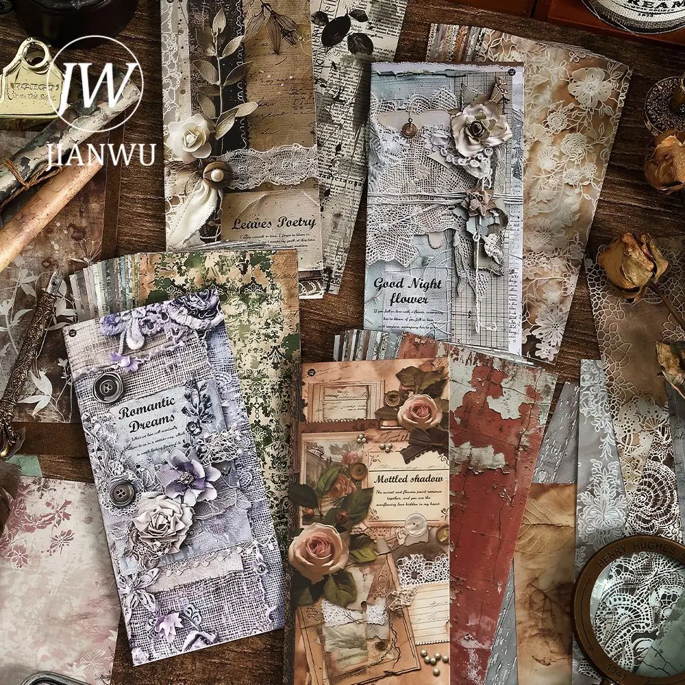 JIANWU 20 Sheets Time Series Vintage Lace Flower Landscaping Collage Material Pack Creative DIY Junk Journal Stationery