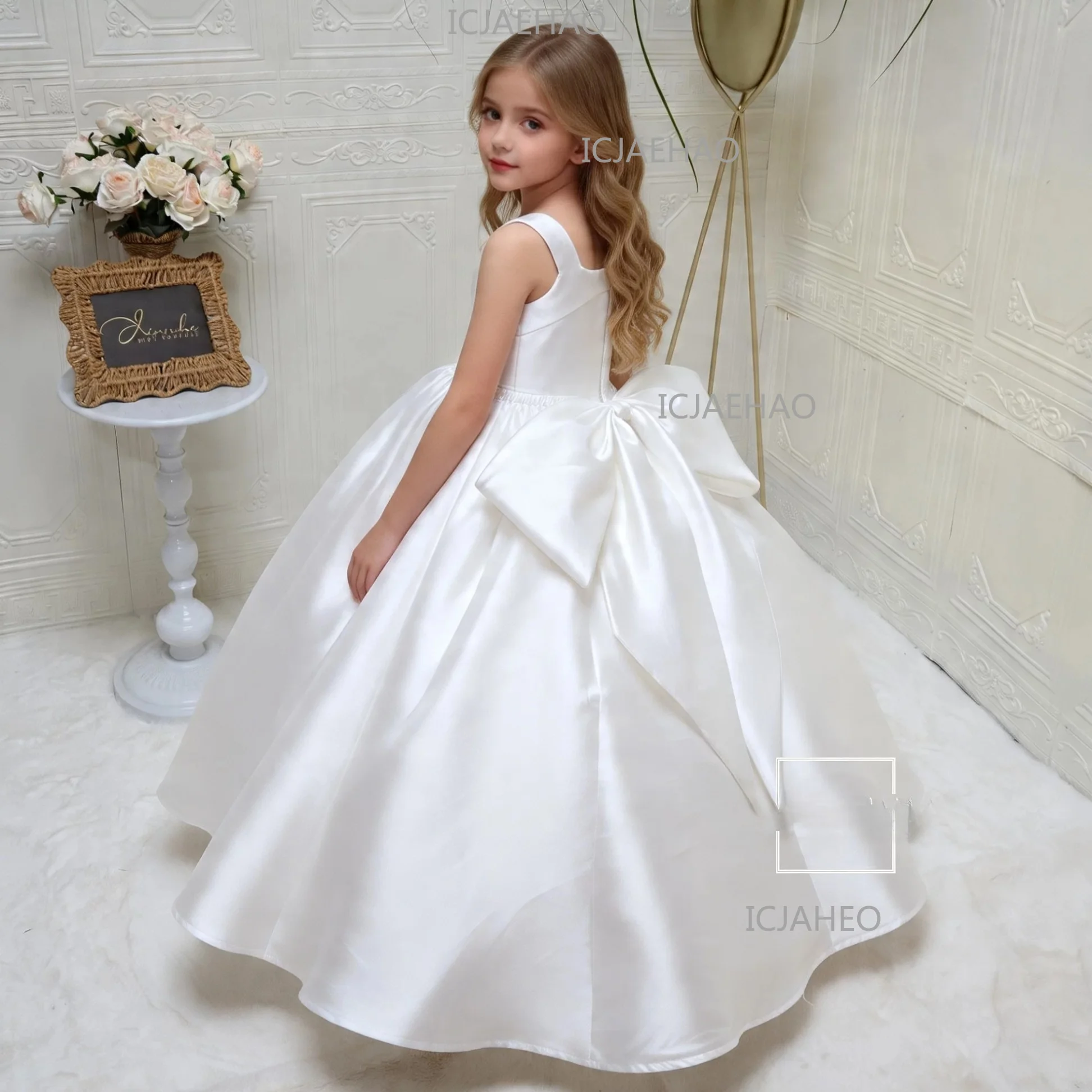 Girls Spaghetti Strap Dress, Waist-Cinched Maxi Formal Dress Birthday Dress Children Long Gown, Elegant Photo Shoot White New - view 3