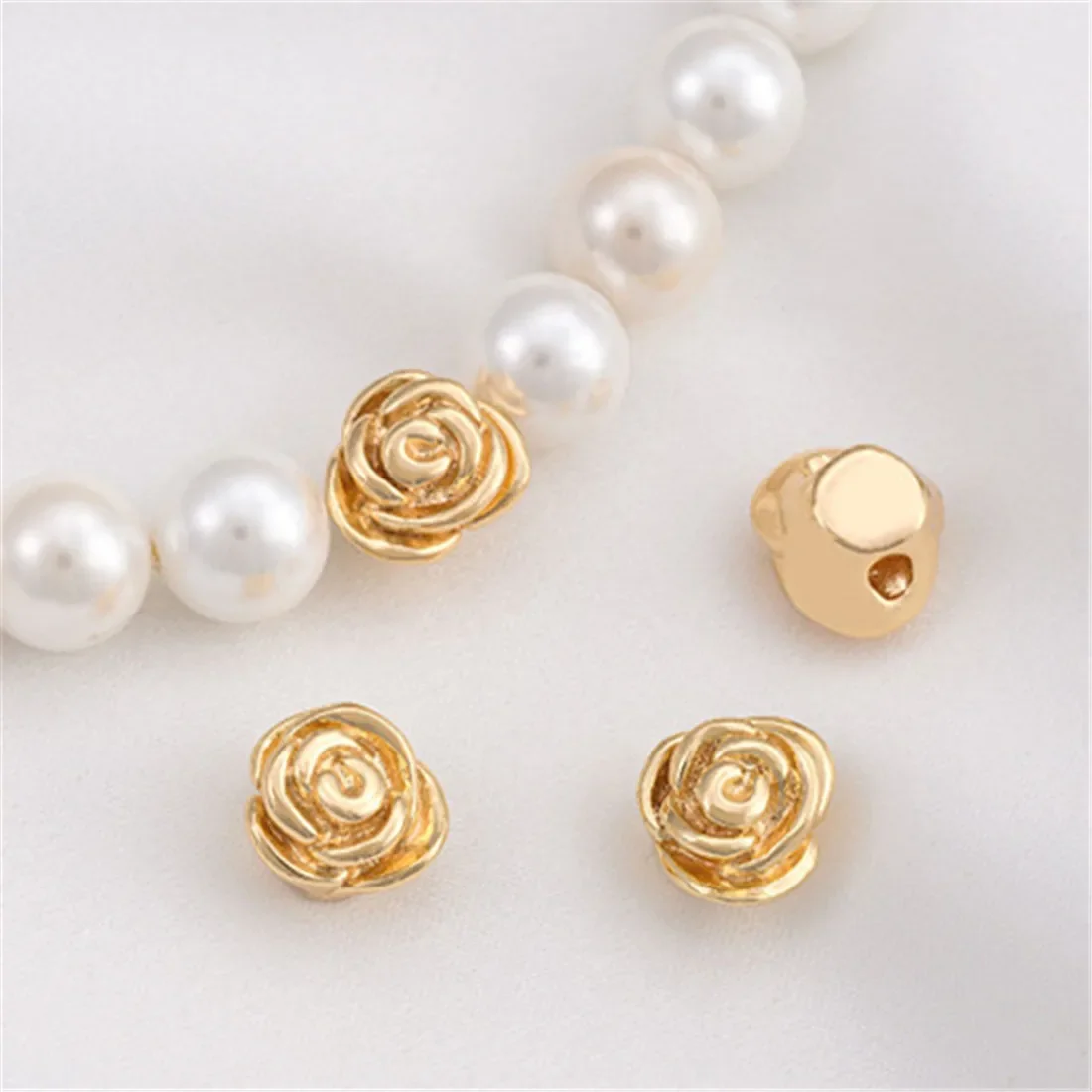 14K Gold-coated Three-dimensional Rose Beads Through-hole Flower Beaded Jewelry Loose Beads Diy Pearl Hand-made Accessories