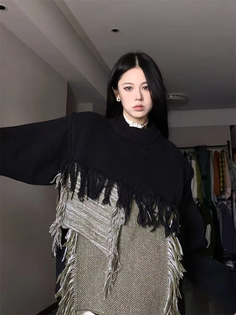 Jesienno-zimowy sweter vintage z frędzlami, dziergany, damski i męski, w stylu amerykańskiego goth, z dziurami, luźny pulower, dla par, casualowa bluza.