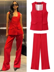 TRAFZA Woman Fashion Set Square Neck Sleeveless Double Breasted Waistcoat+Mid-Waist Slit Zipper Pant Summer Suit Woman Trendy