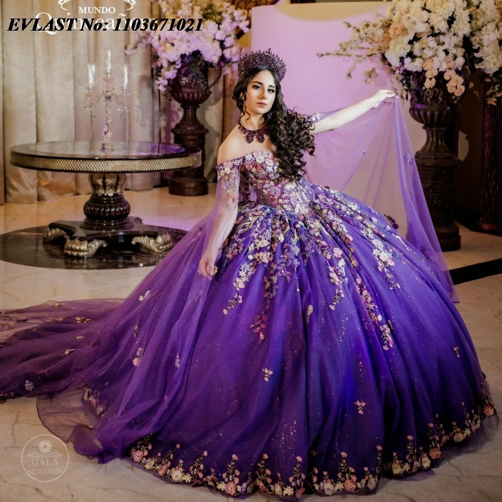 

EVLAST Sparkly Purple Quinnceanera Dress Ball Gown Colorful Floral Applique Beading With Cape Sweet 16 Vestidos De 15 Anos SQ696