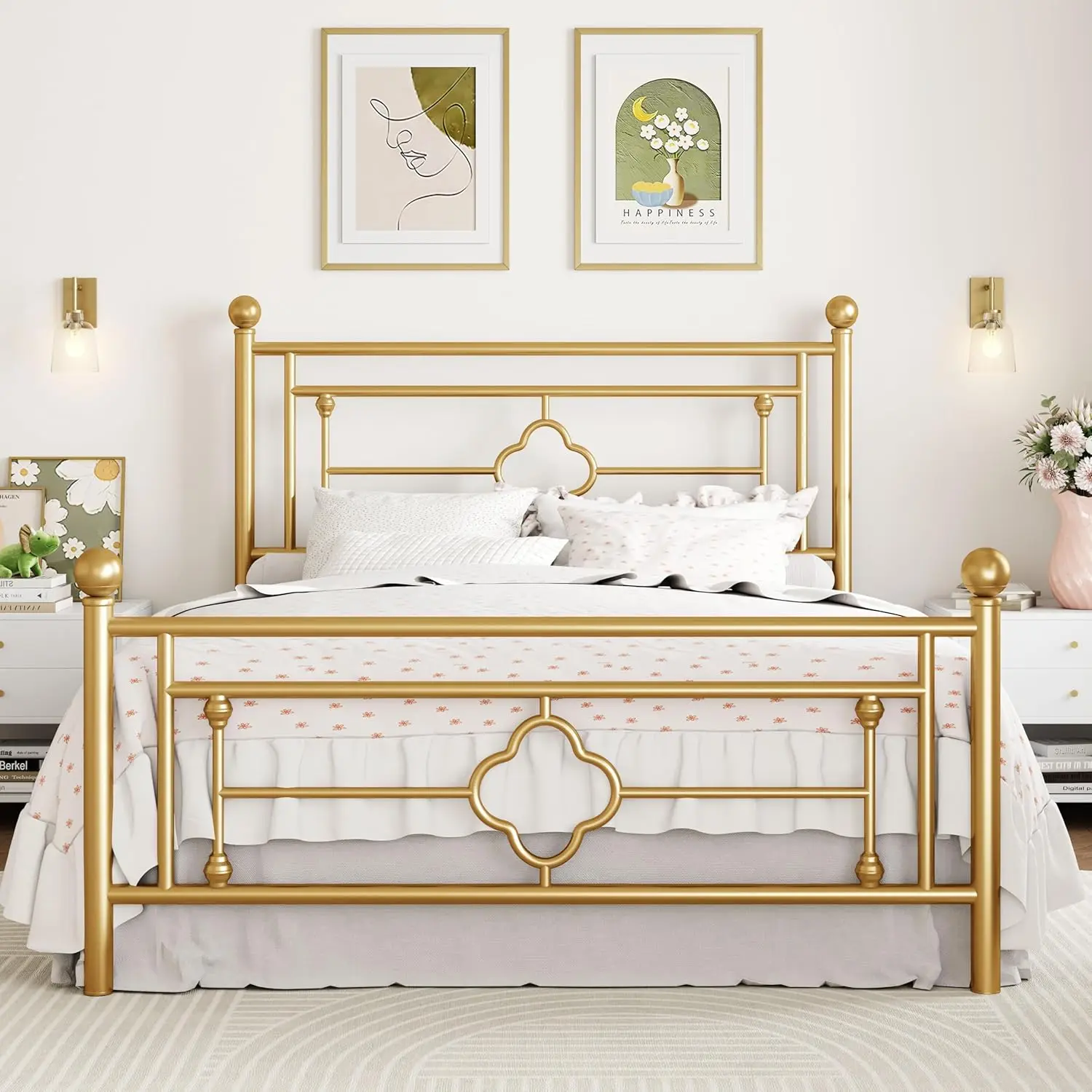 

US Shipping Queen Size Metal Platform Bed Frame with Vintage Iron Art Headboard Footboard Mattress Foundation Storage Base No