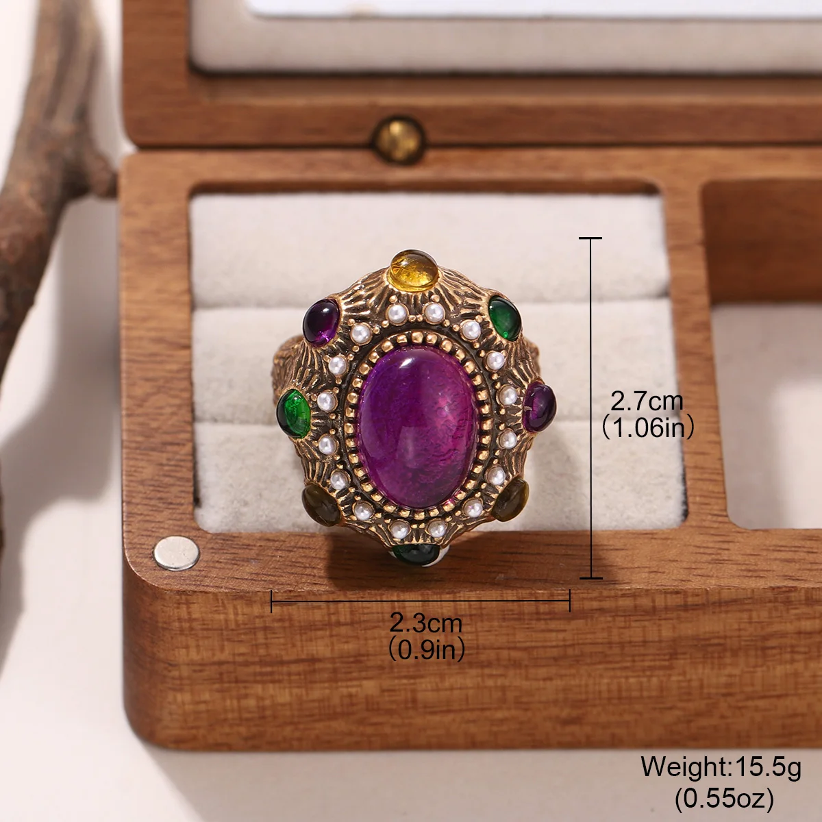 خاتم كريستال أرجواني بيضاوي اللون ذهبي عتيق للنساء خواتم مفتوحة مرصعة باللؤلؤ الباروكي مجوهرات الخطوبة #2