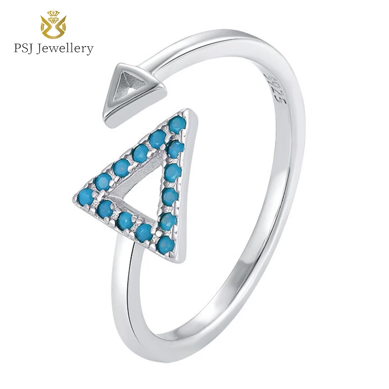 

PSJ Fashion Cute Jewelry Platinum Plated Blue Gemstone Triangle Shaped Adjustable 925 Sterling Silver Rings for Women Girls