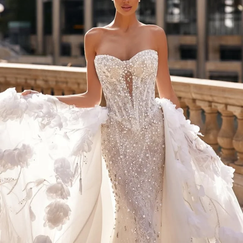 

luxury Shiny white Wedding Dresses glitter lace pearl decal off-shoulder style 3D flower Gowns multi-layer Made customize