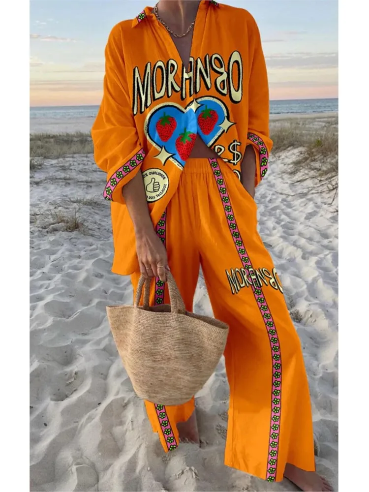 Zomer Nieuwe Vakantie Stijl Cruise Print 2-delige set Revers Shirt + Wijde pijpen Broek Voor Vrouwen Casual Cruise Outfit Strandvakantie