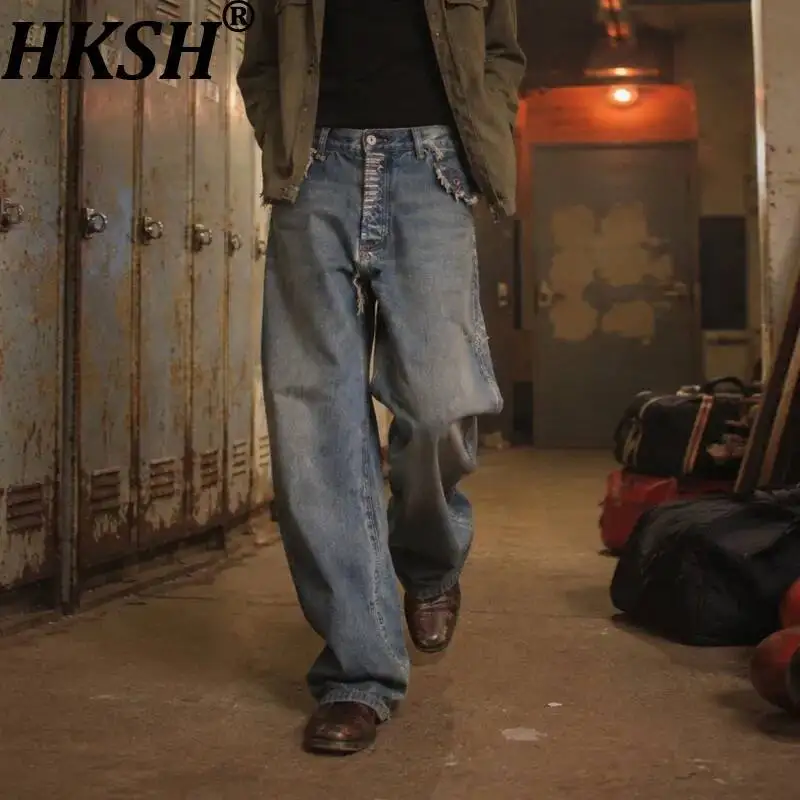 HKSH Spring Autumn New Men Tide Dark Retro Denim Pants Women Micro-Flared Wide-leg Washed Jeans Splatter Dye Distressed HK26075
