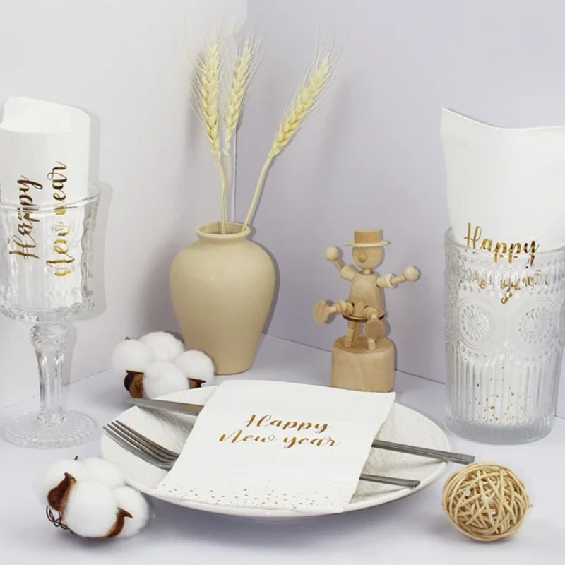 20Pcs Long-Luxury Disposable Paper Napkins for Christmas New Year's Eve Party Table Decorations, Gold-stamped Happy New Year