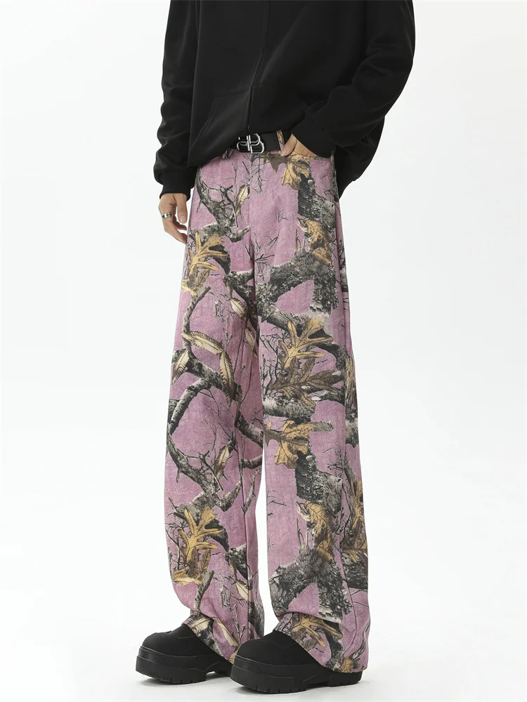 

Pink Graffiti Branch Camouflage Men's Jeans Loose Straight Leg Long Trousers Street Style Retro American High Street Fashion