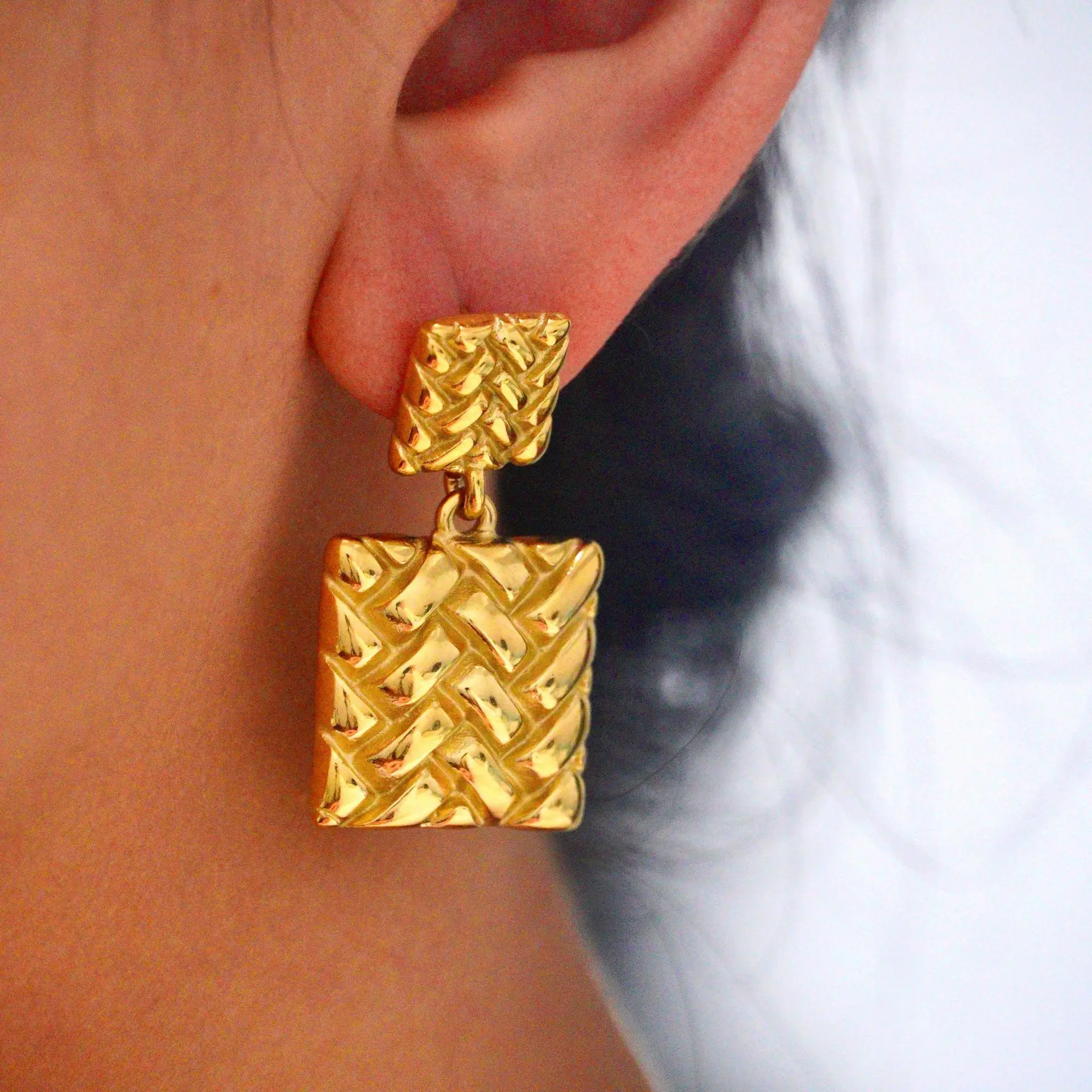 Gold plated stainless steel gingko leaf bow earrings Double loop twisted geometric square earrings jewelry