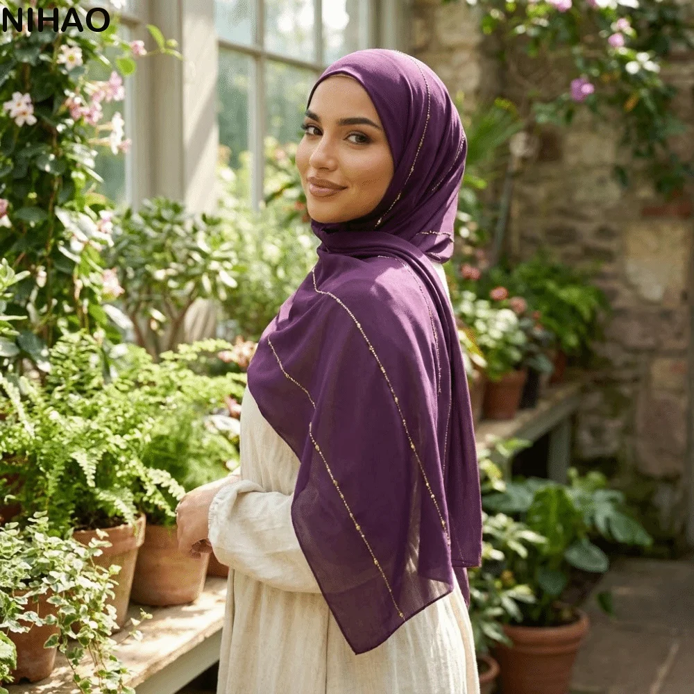 

Soft Rhinestone Hijab Scarf Plain Design Solid Color Jersey Hijab Modal Cotton Stretch Fabric Long Muffler Head Covering
