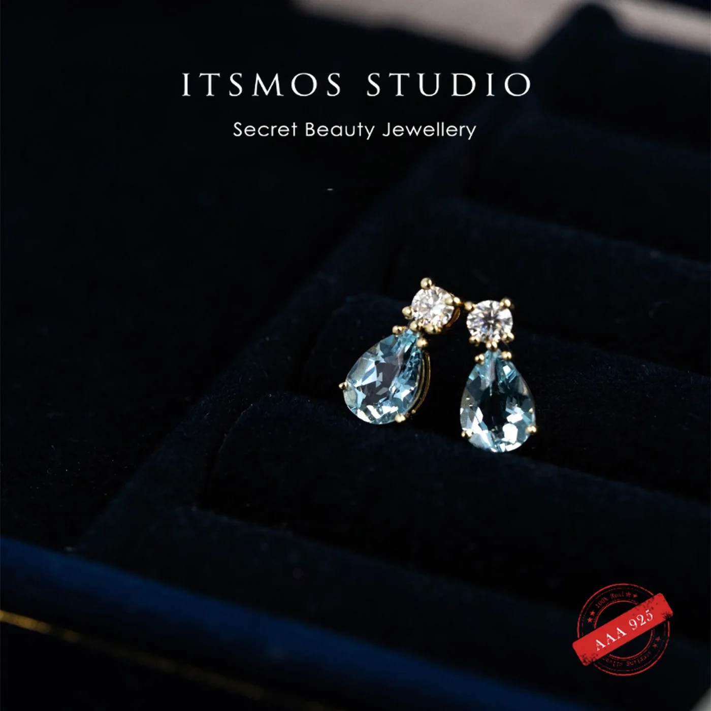 

ITSMOS Mermaid Tears s925 Sterling Silver 14K Gold Plated Water Drop Sea Blue Zircon Earrings Luxury Trend Earrings for Women
