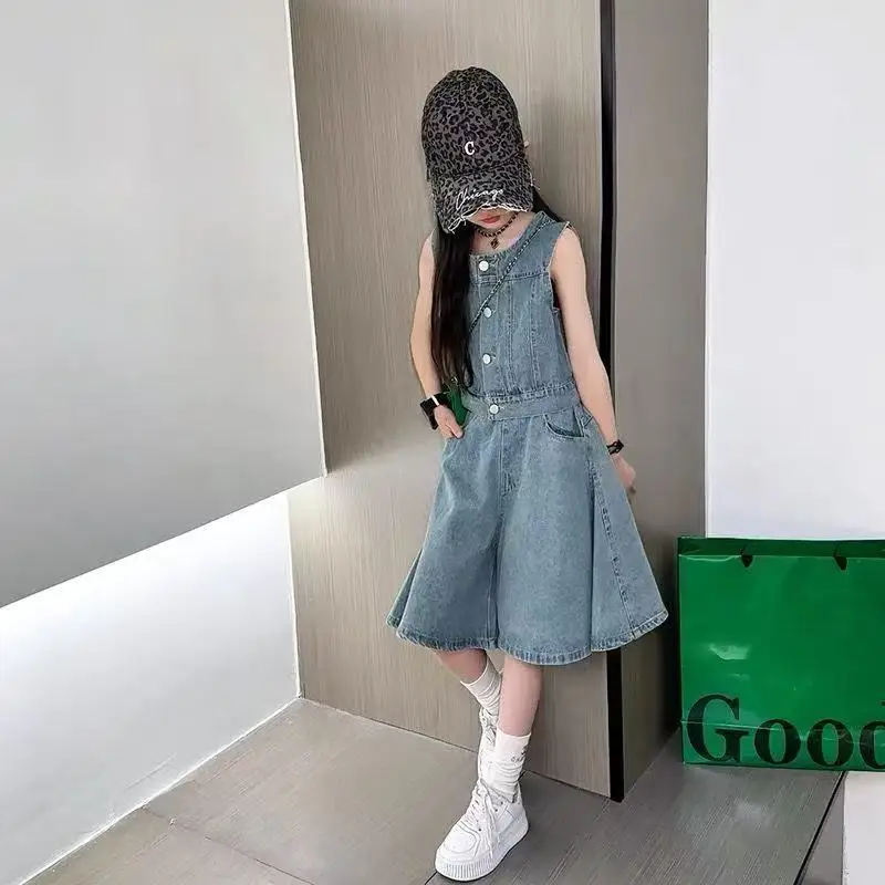 

5-14 Year Teenage Girl Summer Clothes Set New Children's Fashion Denim Vest Set+shorts Skirt Two-piece Set 120-170cm