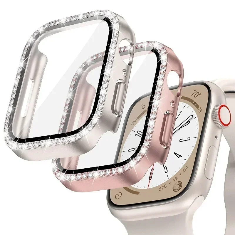 Cover For Apple Watch Case 44mm 45mm 41mm 40mm 38 42mm Bling Diamond bumper+Screen Protector Glass iwatch series 9 8 7 5 6 4 SE