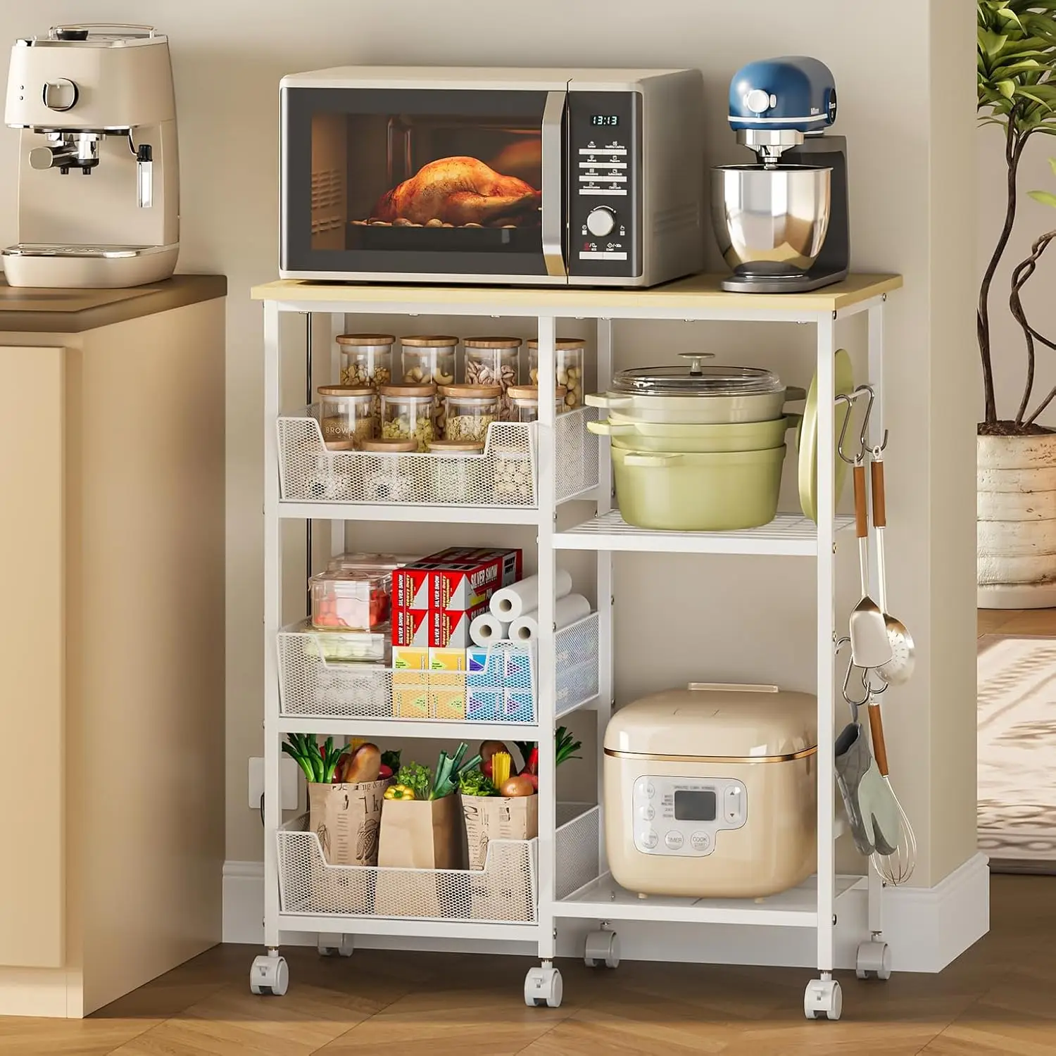 

Rolling Kitchen Cart with Adjustable Shelf and Lockable Wheels, 27.75" L x 15.35" W, White