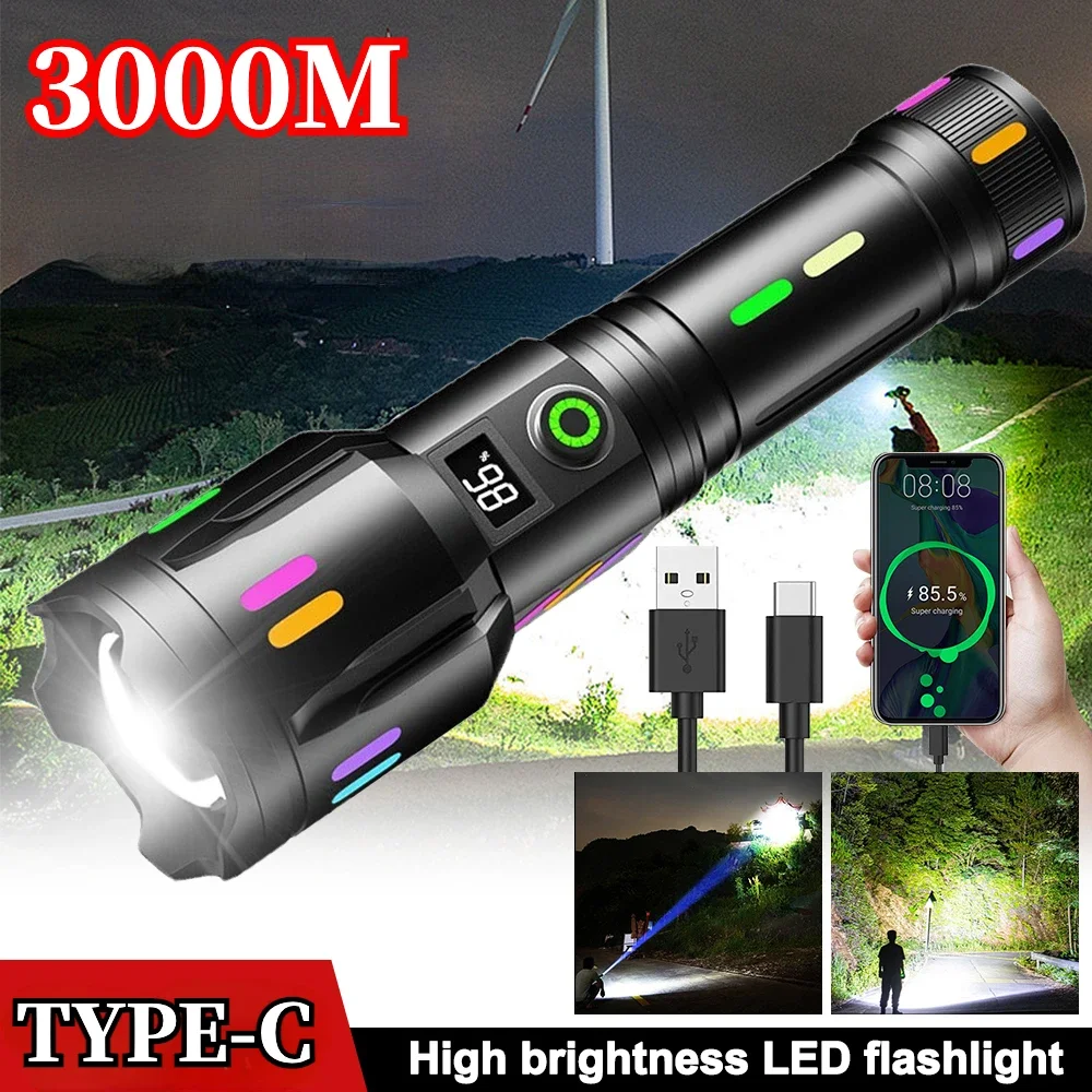 Super Bright Spotlight LED Flashlight with Luminous Strips 3000M Long-Range Search Zoomable Torch for Camping Emergency