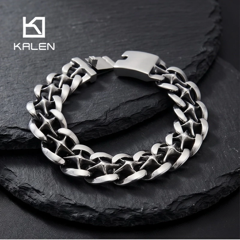 Kalen Heavy Hollow Star Cuban Chain Armband für Herren, 19mm, Edelstahl, breiter Schmuck, dickes Armband, Punk-Mode, Geschenk