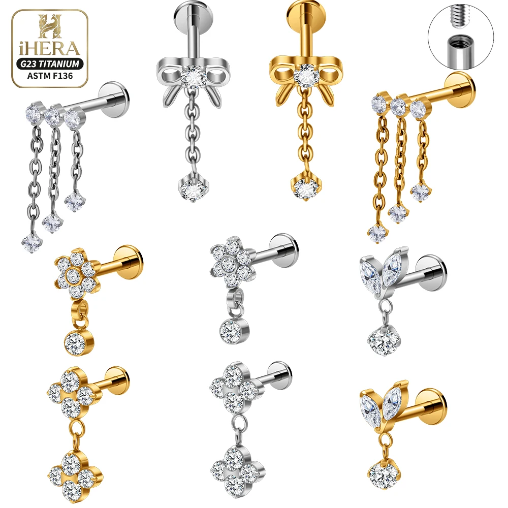 Internal Thread F136 Titanium Piercing Multi Gem Drop Chain Dangle Stud Adornment Supply Wholesale Helix Body Jewelry