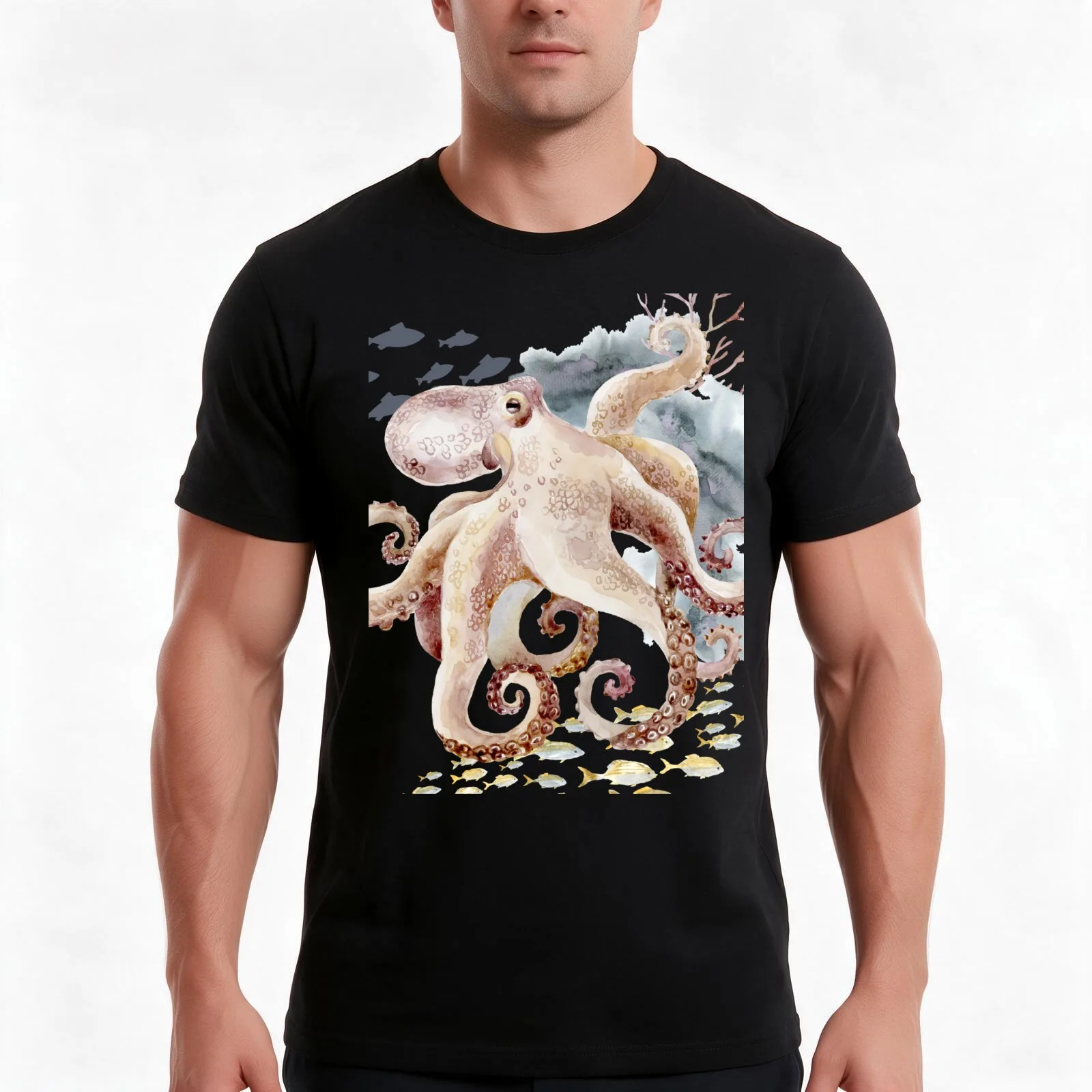 Octopus With Beige Tan and Grey T-Shirt Summer Casual Cotton Tee Oversized Streetwear Tops Vintage Graphic Print 100% Cotton