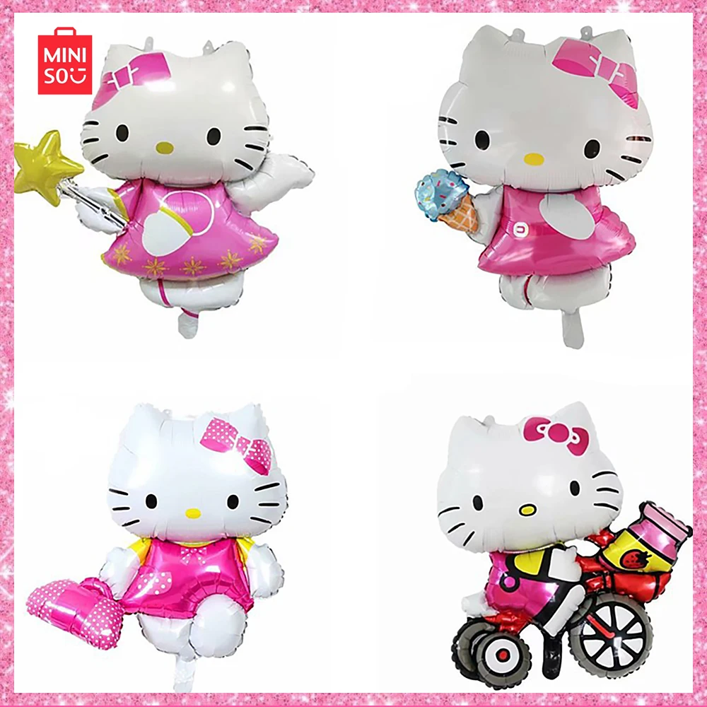 Miniso New Kt Cat Riding Bike Running Kt Aluminum Film Balloon Cartoon Print Animal Shape Girl Birthday Party Decoration Balloon