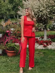 HH Women's Set Square Neck Sleeveless Pockets Double Breasted Waistcoat+Mid-Waist Slit Zipper Long Pants Female Fashion Suit