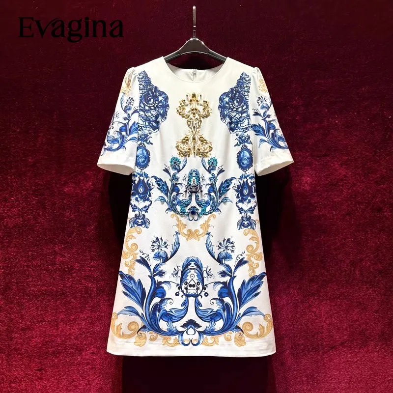 Evagina Short Sleeved Vintage Print dress Spring Summer Beading Sequins Fashion Women's Holiday Mini Dresses