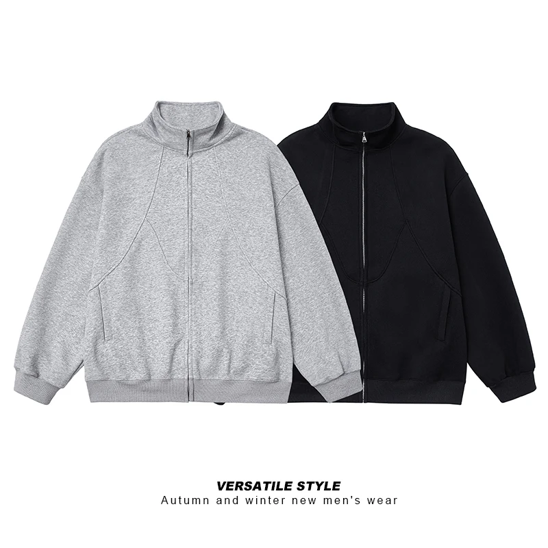 Men's Stand Collar Cardigan Sweatshirt Jacket Autumn Sold Color Zip Up Outerwear Coats Lightweight High Street Athletic Jackets