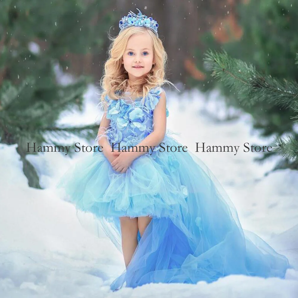 

Fashion Sky Blue Flower Girl Dress Cute Baby Party Dresses for Pageant 3D Flowers Feathers Little First Communion Gown