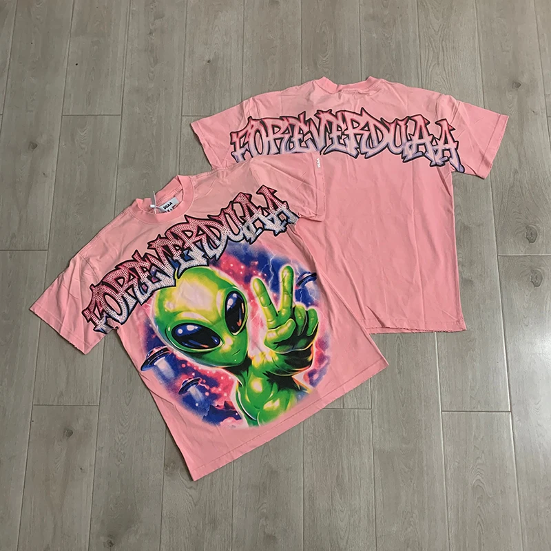 New DUAA Unisex Casual Tee Washed Alien Graffiti Art Print Oversized Loose Short Sleeve Street Top