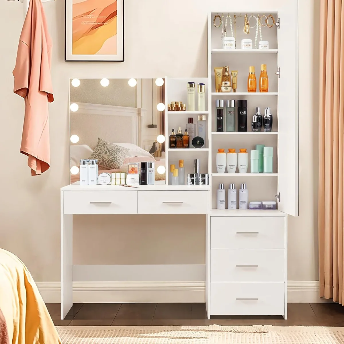 

Vanity Desk with Full-Length Mirror and Lights, Makeup Vanity Table with Jewelry Cabinet, 2 Drawers & 2 Shelves,Vanity Desk