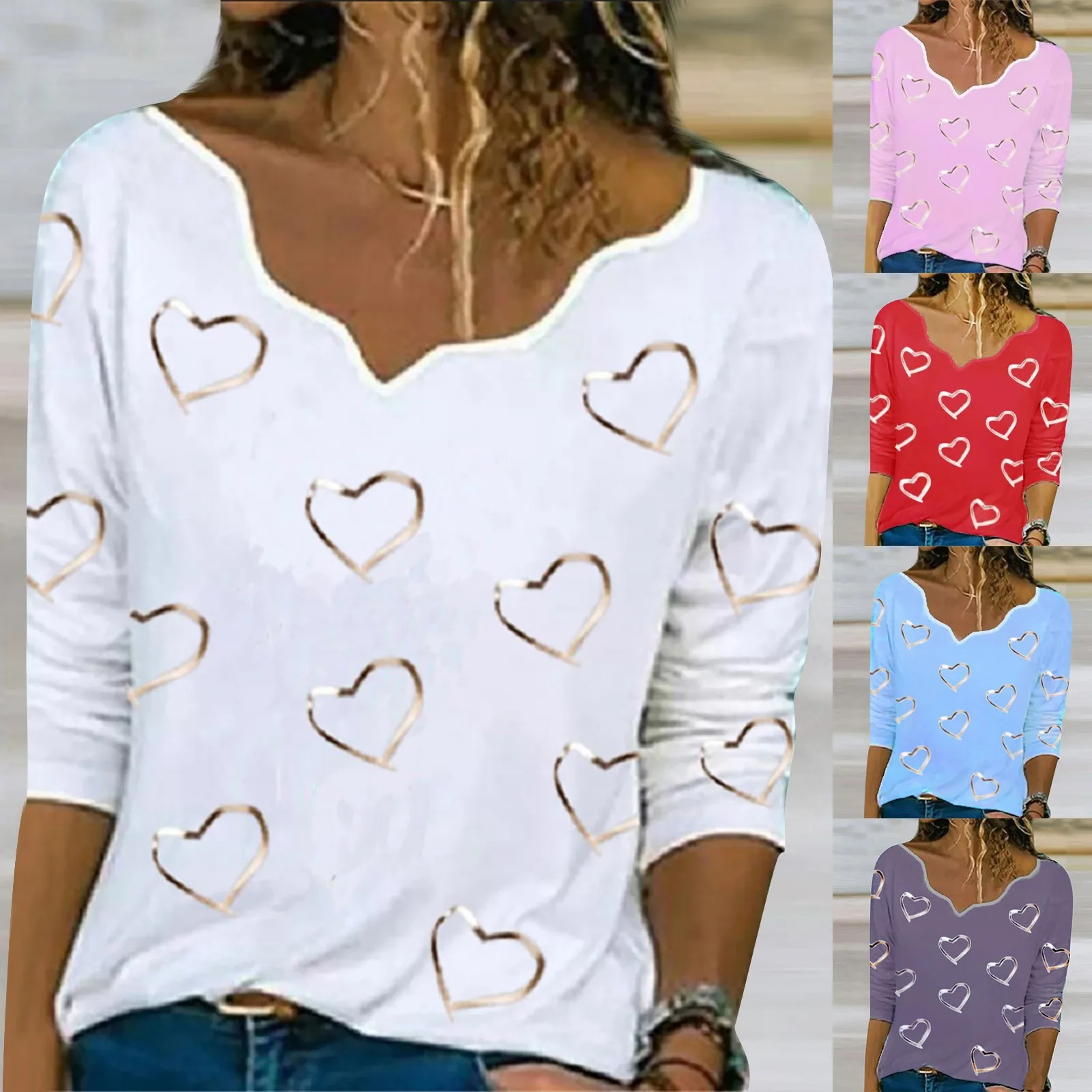 Long Sleeve Women Heart Print Blouse Women Elegant Asymmetrical Hearts Neck T-shirt Pullover Autumn Women Blouses Pullover Tees